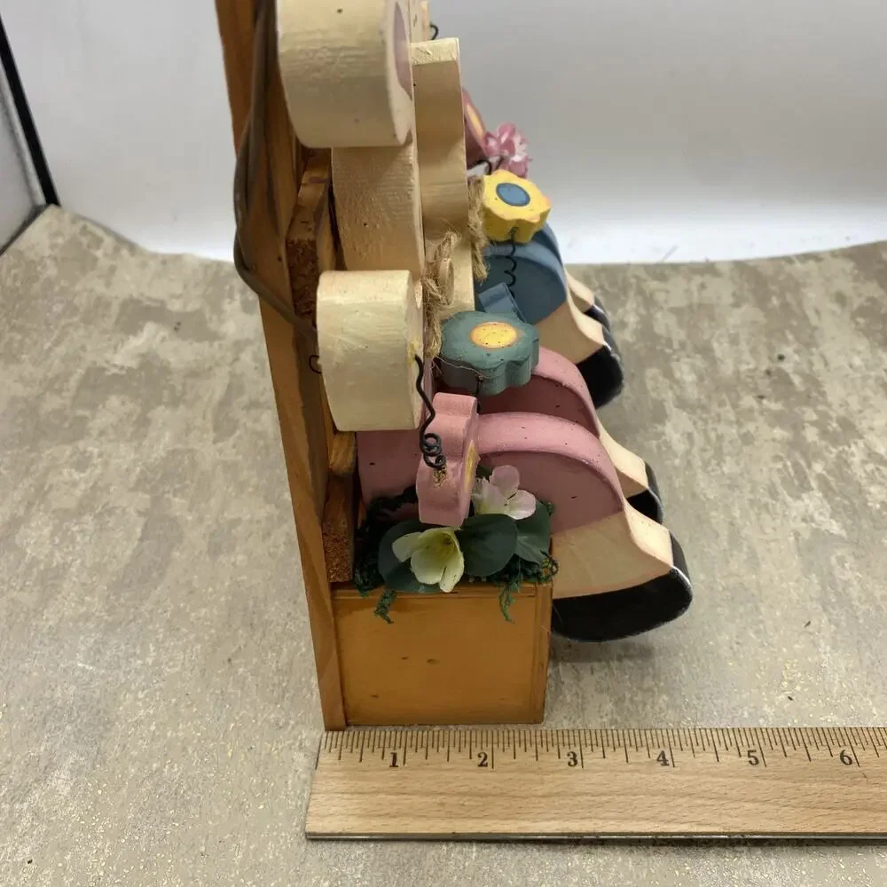 Hand crafted wooden Easter bunnies flowers Decor centerpiece 8X2.5X9.75” Tall